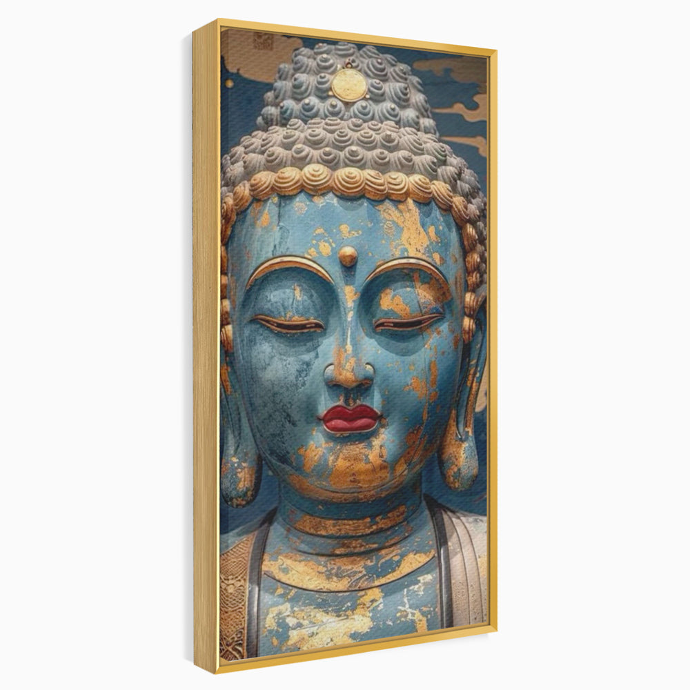 Tablou canvas cu tablou canvas cu chipul lui buddha, in rama de aluminiu auriu